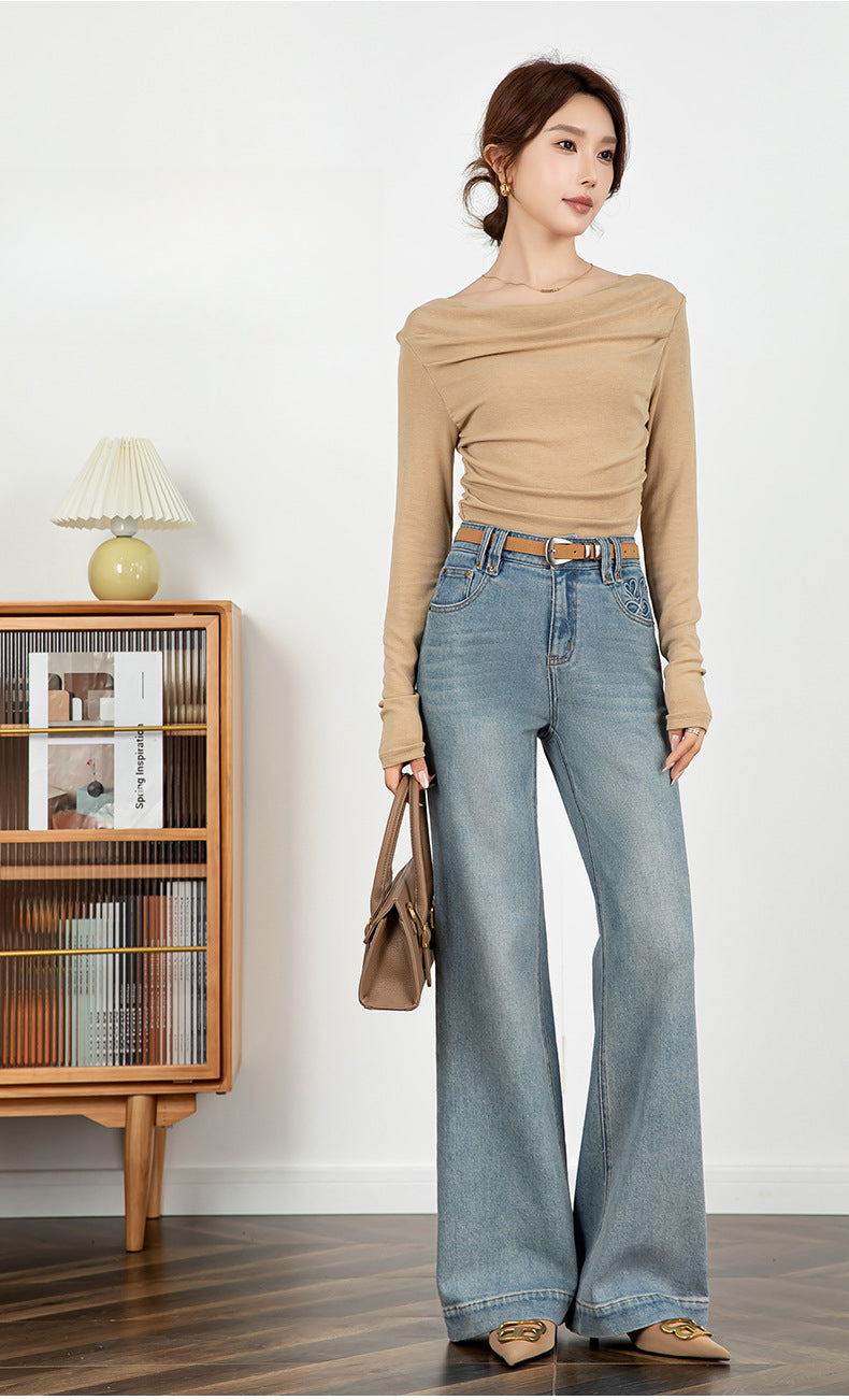 Embroidered Jeans High Waist Slim Drape Flared Pants image 7