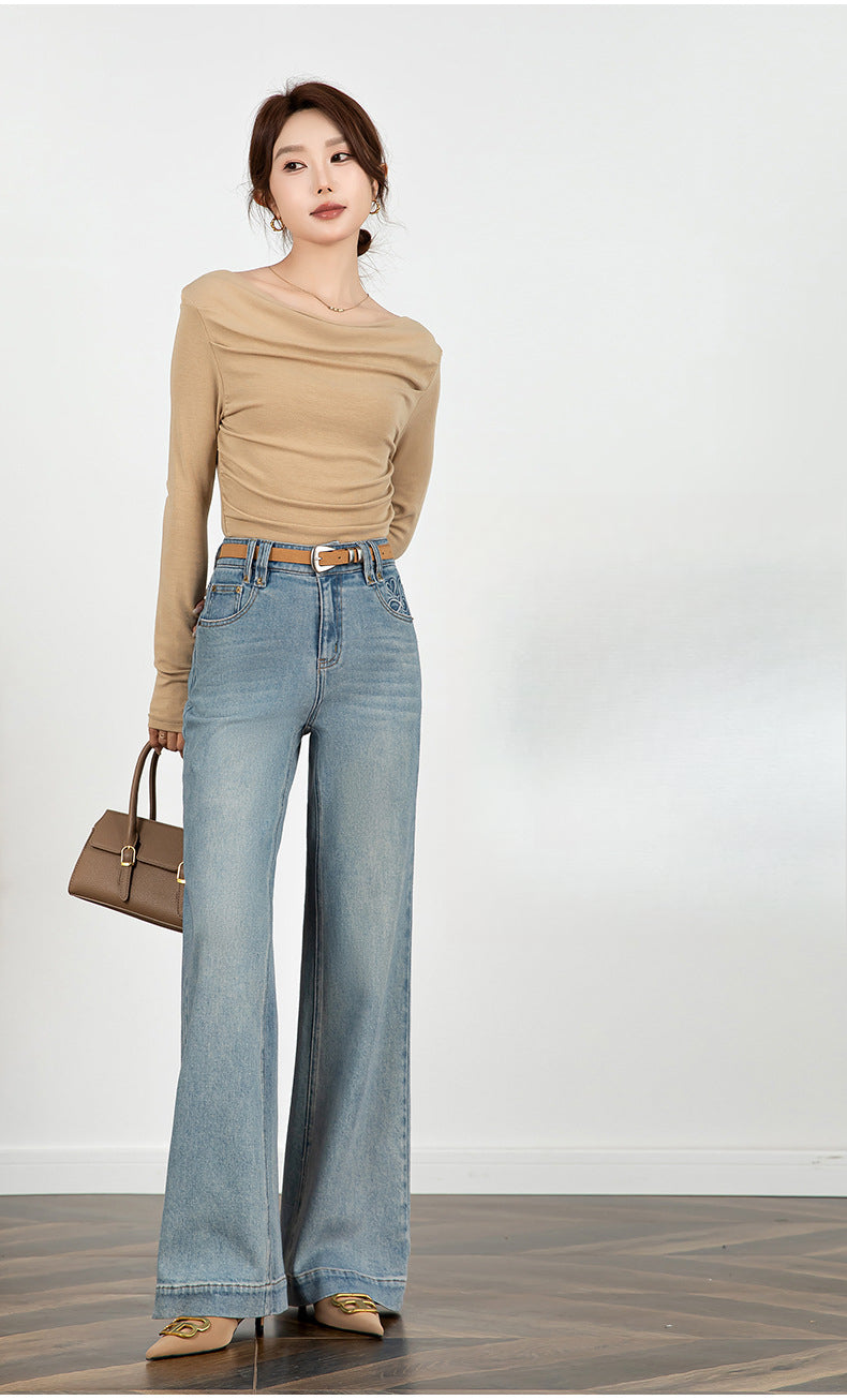 Embroidered Jeans High Waist Slim Drape Flared Pants image 8