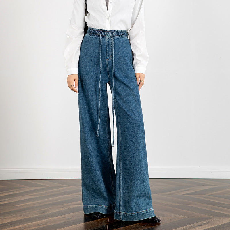 Elastic Waist Loose Jeans with Long Length - Blue, XL image