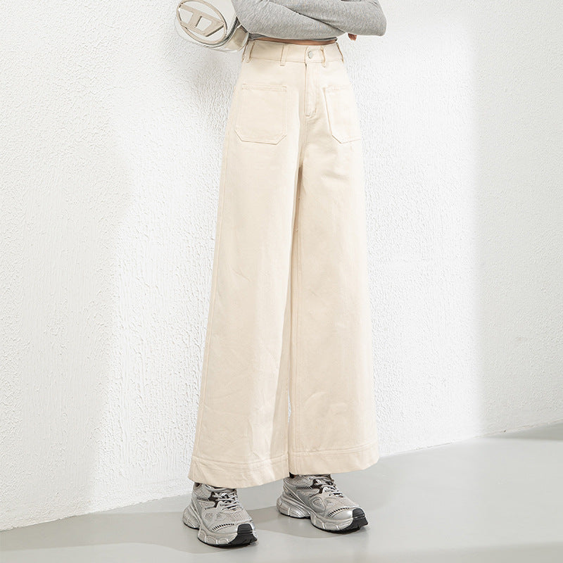 Cotton Denim Wide-leg Pants Loose High Waist Nine-point Pants - Off-white, S image