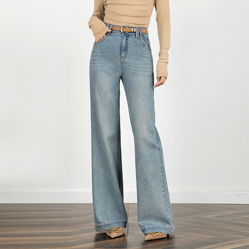 Embroidered Jeans High Waist Slim Drape Flared Pants - Blue, S image