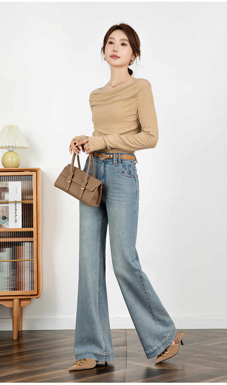 Embroidered Jeans High Waist Slim Drape Flared Pants image 13