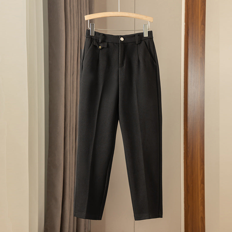 Casual High Waist Straight Maillard Trousers - Black, 28 image