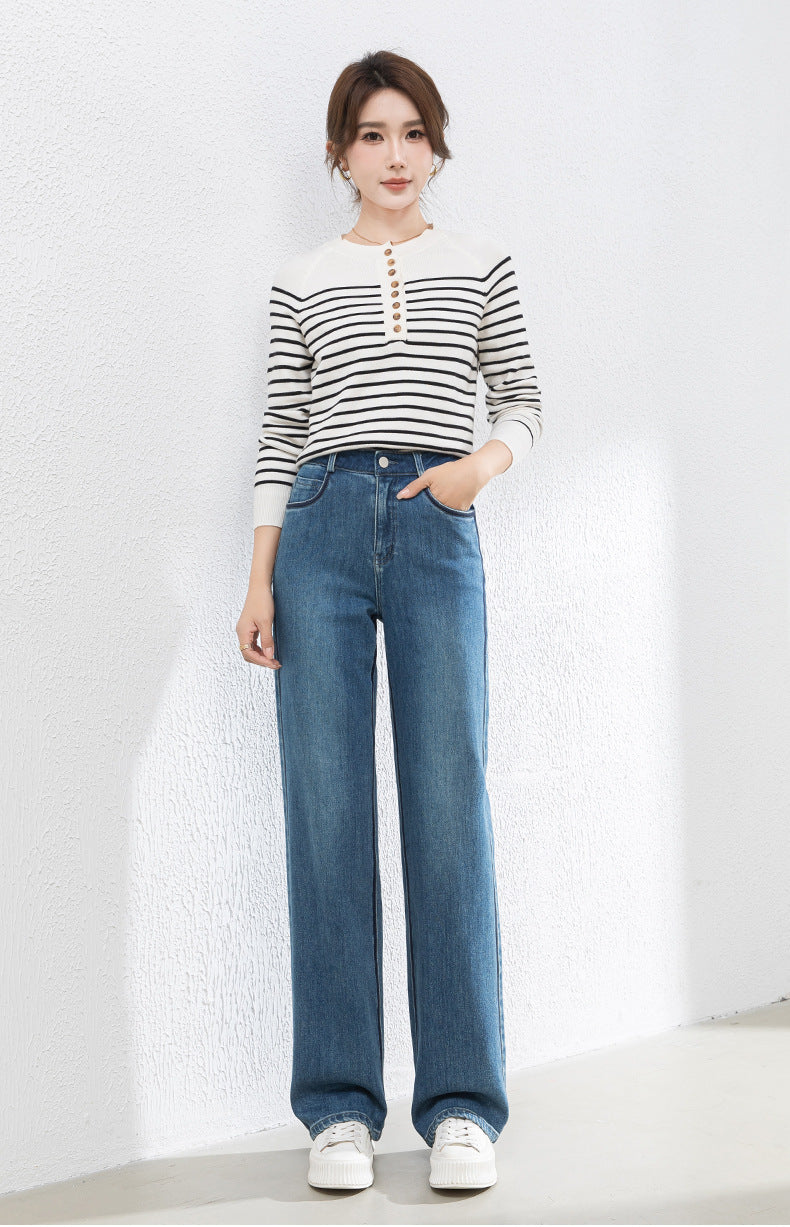 Contrast Patchwork Jeans Draped High Waist Wide Leg Pants image 11
