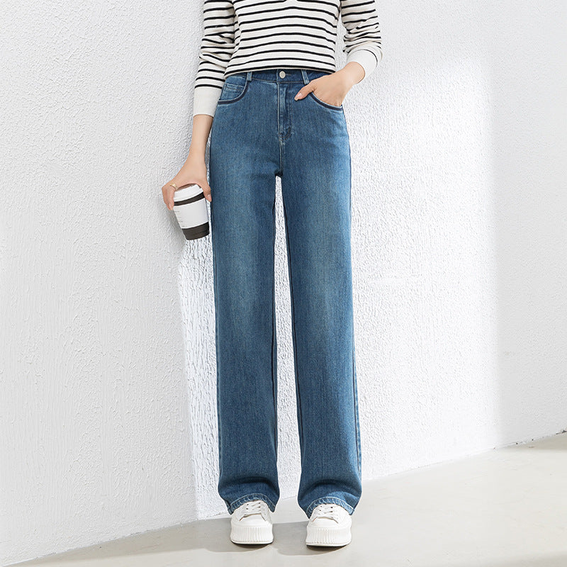 Contrast Patchwork Jeans Draped High Waist Wide Leg Pants - Blue, 30 image
