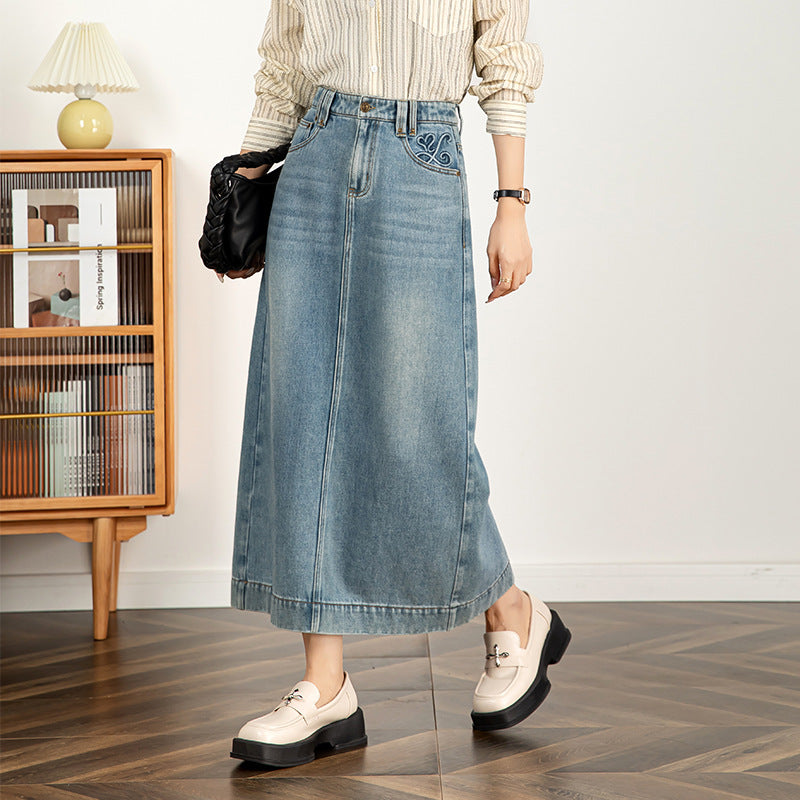 Textured Denim Skirt High Waist Slim Skirt - Blue, S image