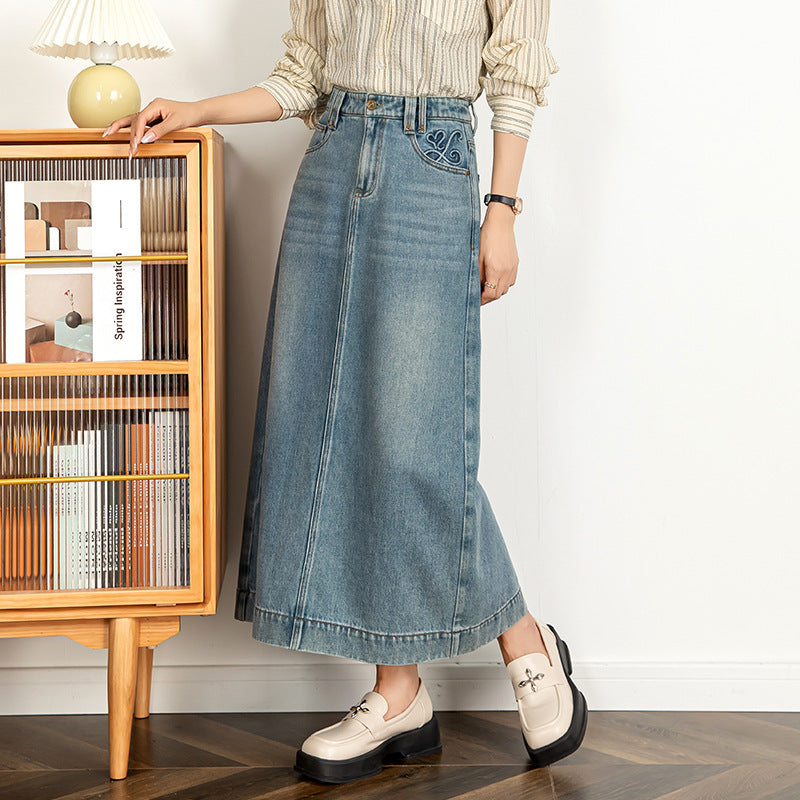 Textured Denim Skirt High Waist Slim Skirt image 2