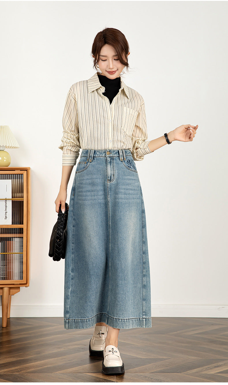 Textured Denim Skirt High Waist Slim Skirt image 11