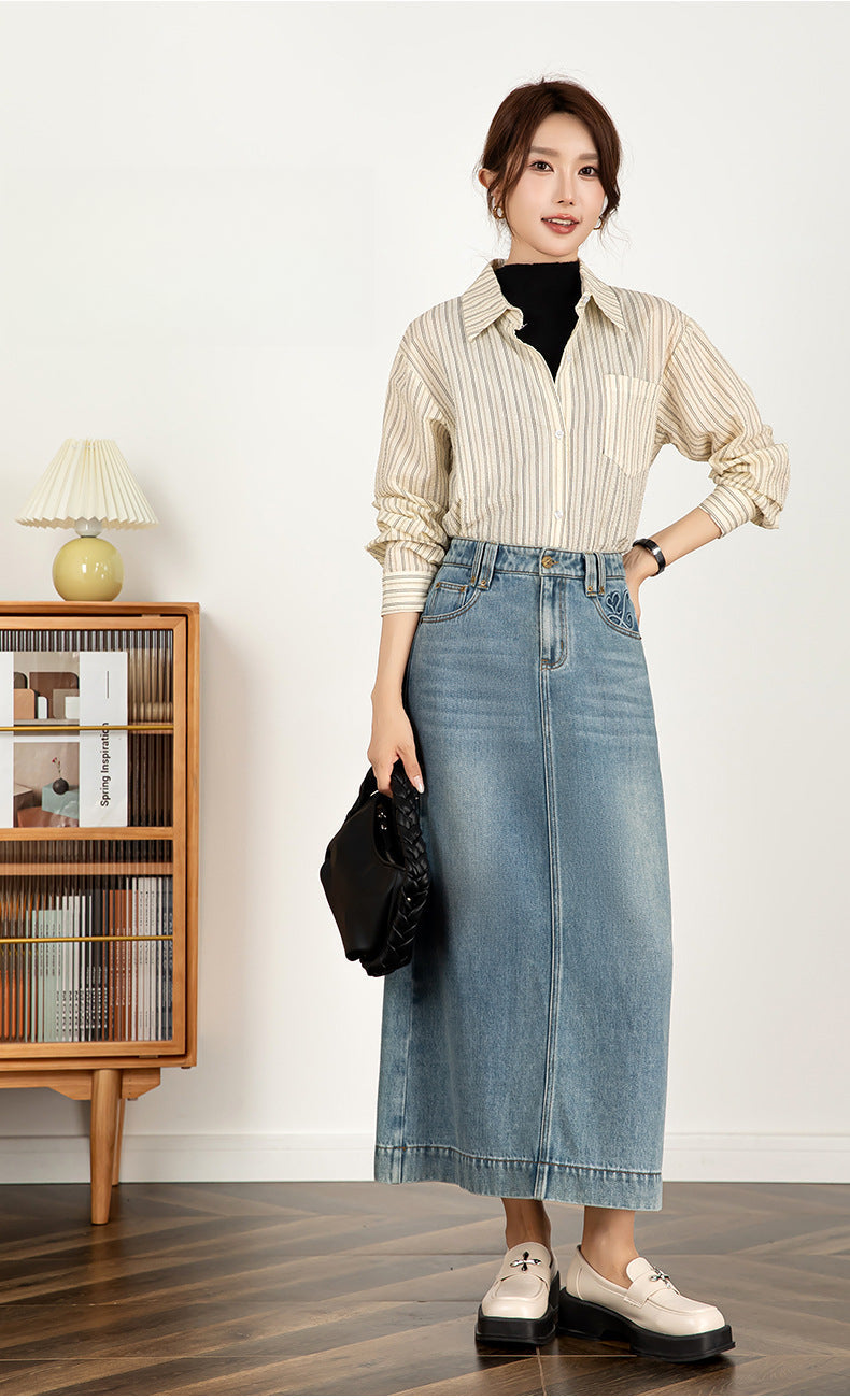 Textured Denim Skirt High Waist Slim Skirt image 7