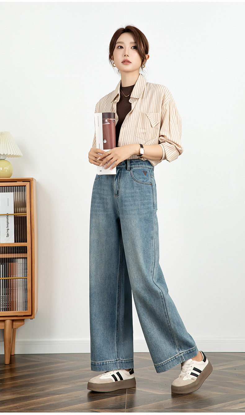 Textured Jeans Loose High Waist Nine-point Wide-leg Pants image 14