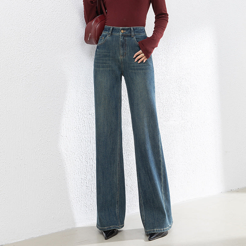 Retro Denim Flared High Waist Loose Mopping Pants - Nostalgic blue, 2XL image