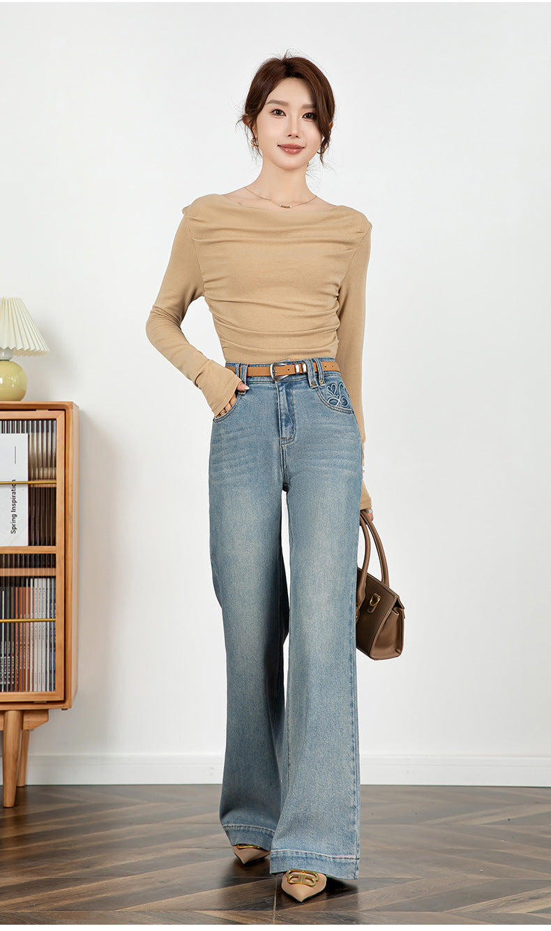 Embroidered Jeans High Waist Slim Drape Flared Pants image 12