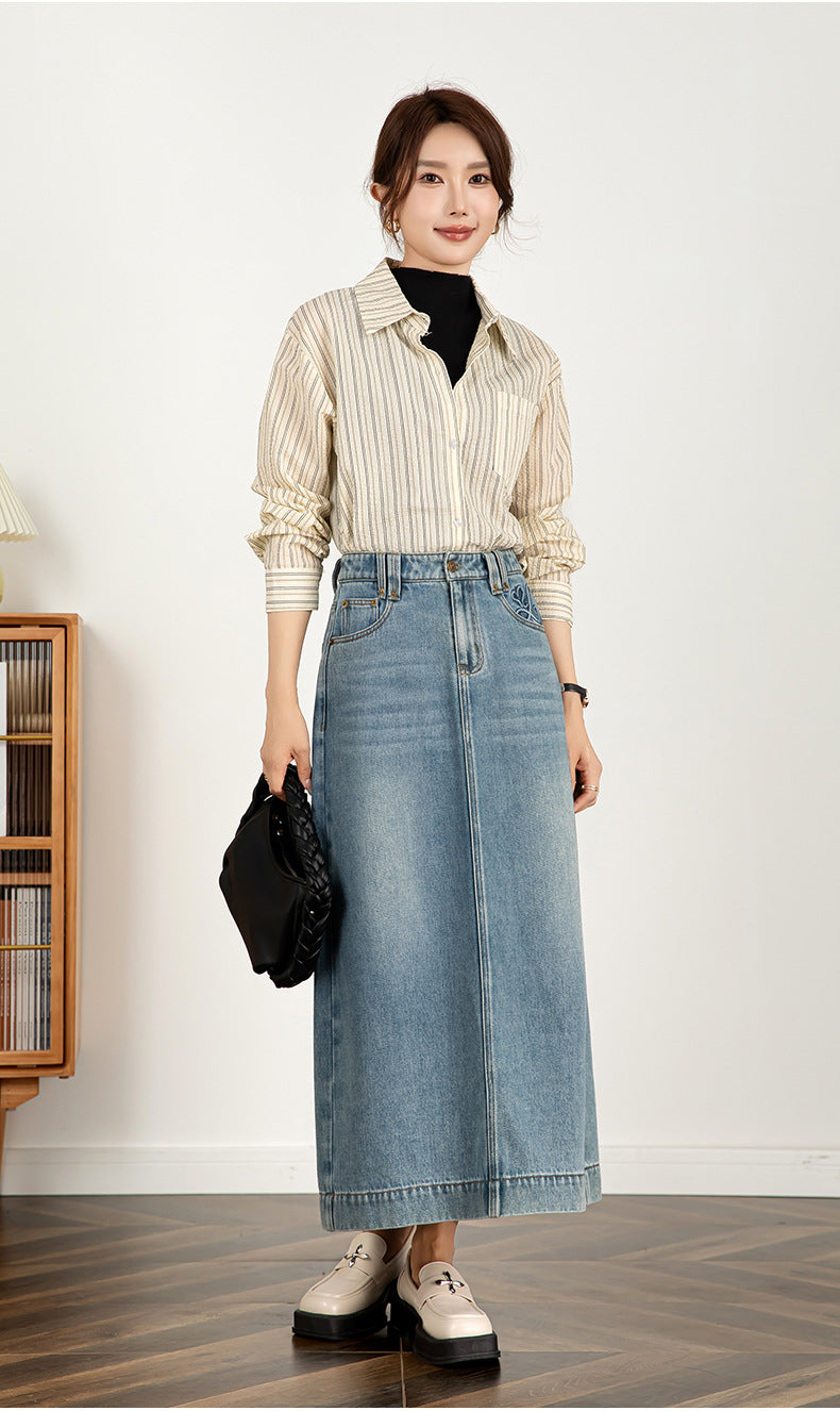 Textured Denim Skirt High Waist Slim Skirt image 10