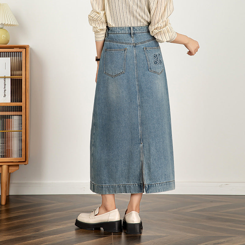 Textured Denim Skirt High Waist Slim Skirt image 3