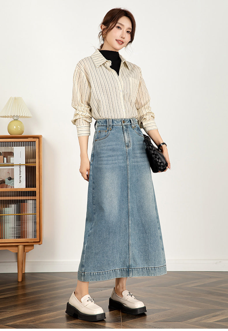 Textured Denim Skirt High Waist Slim Skirt image 6