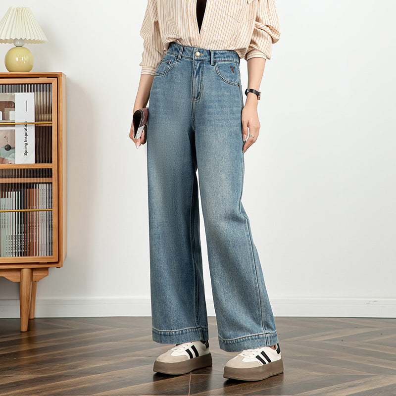 Textured Jeans Loose High Waist Nine-point Wide-leg Pants image 2