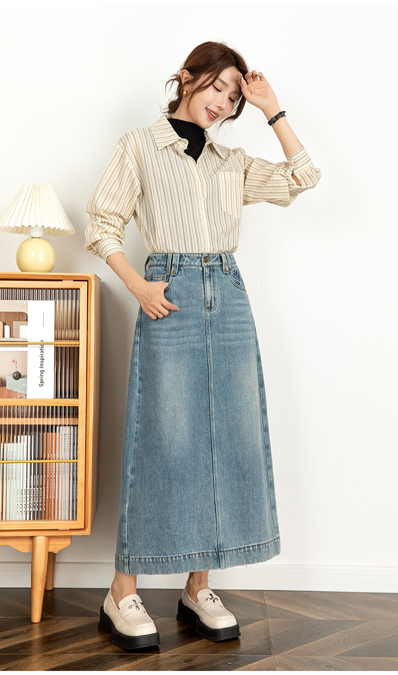 Textured Denim Skirt High Waist Slim Skirt image 12