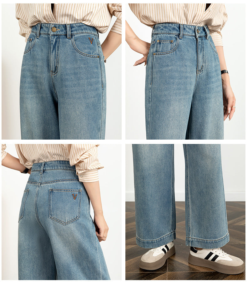 Textured Jeans Loose High Waist Nine-point Wide-leg Pants image 11