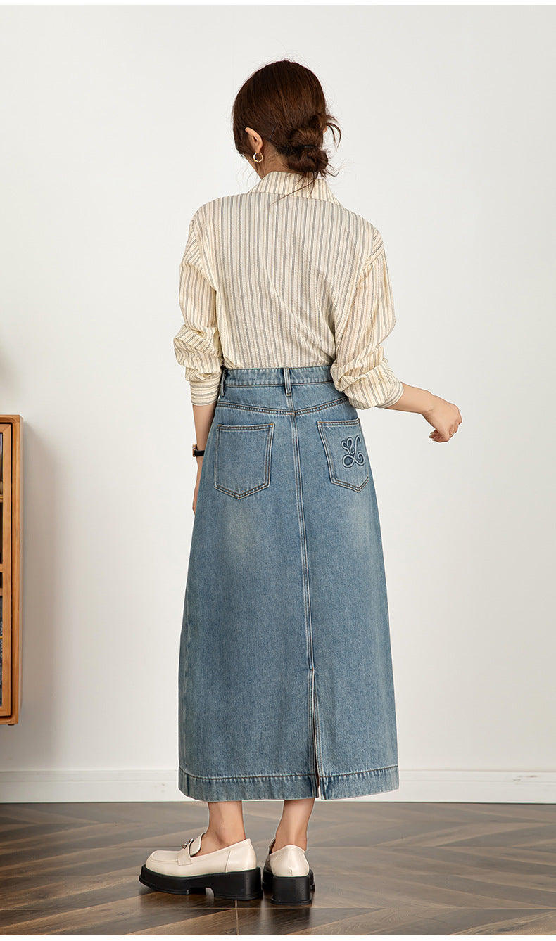 Textured Denim Skirt High Waist Slim Skirt image 13