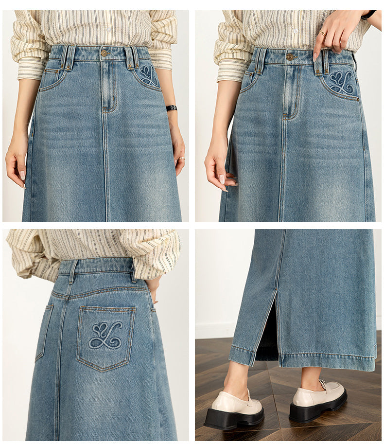 Textured Denim Skirt High Waist Slim Skirt image 9