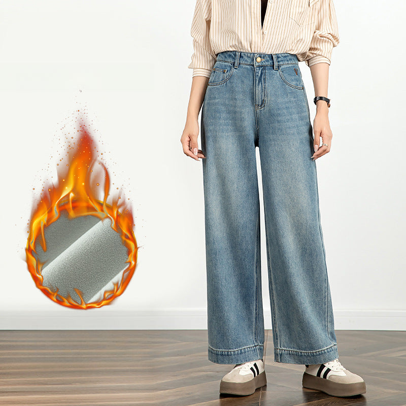 Textured Jeans Loose High Waist Nine-point Wide-leg Pants - Blue velvet, XL image