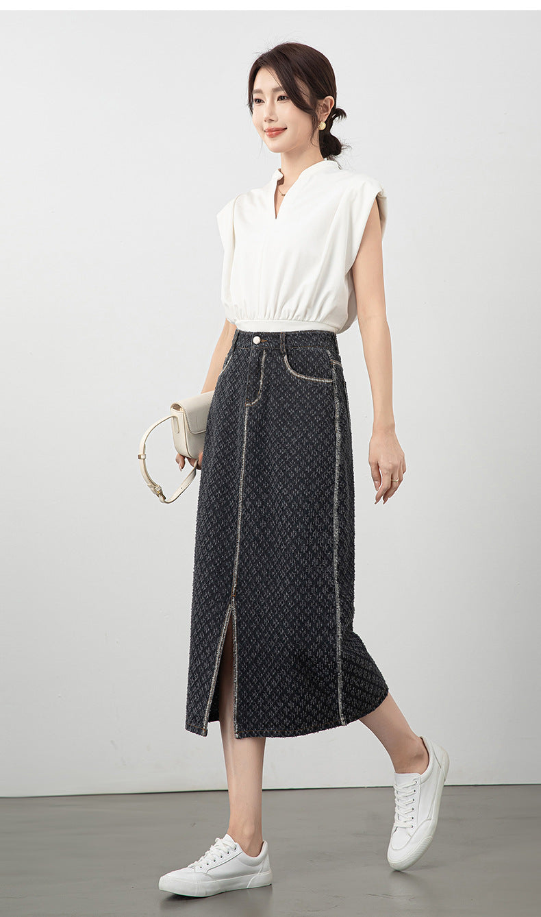 Jacquard Denim Skirt with Slits image 16