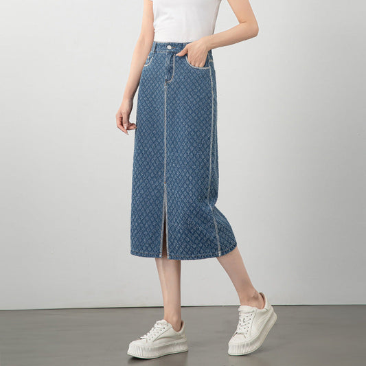 Jacquard Denim Skirt with Slits image 0