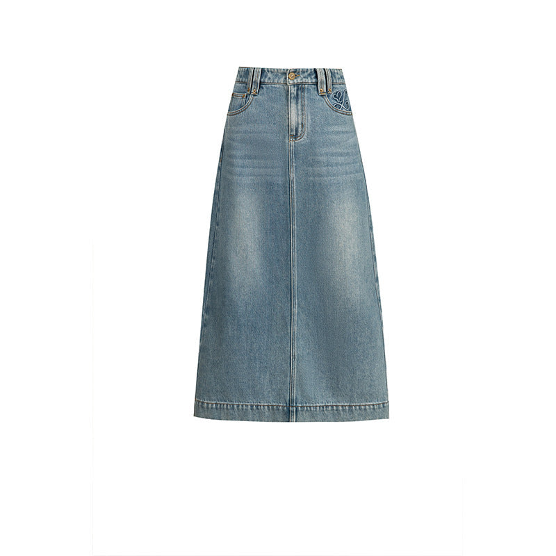 Textured Denim Skirt High Waist Slim Skirt image 4