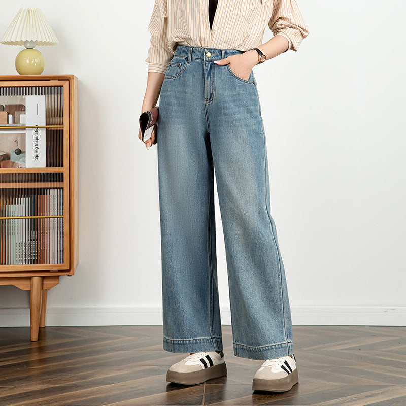 Textured Jeans Loose High Waist Nine-point Wide-leg Pants - Blue, L image