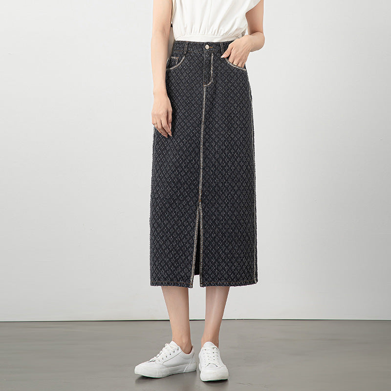 Jacquard Denim Skirt with Slits - Black, 27 image