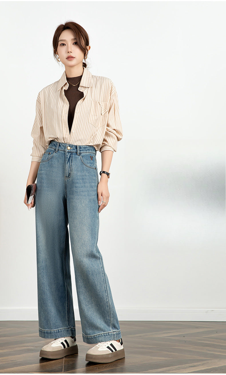 Textured Jeans Loose High Waist Nine-point Wide-leg Pants image 9
