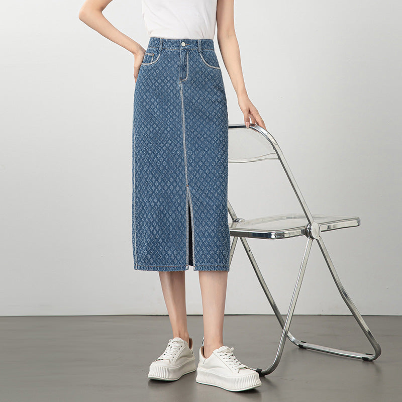 Jacquard Denim Skirt with Slits - Blue, 31 image